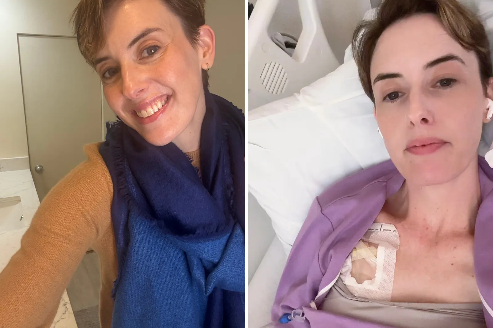 From left: Julia Sinnott smiles after cutting her hair ahead of chemotherapy, and lies in hospital while receiving her port.