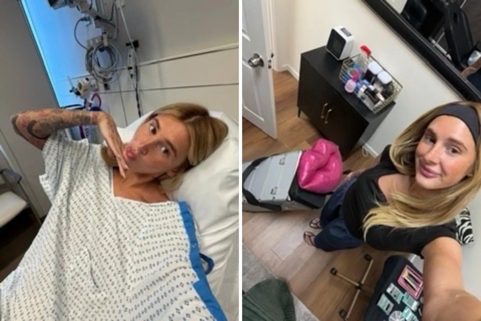 From left: Sarah Esposito in a hospital before her needle biopsy, and on the last day of working as a lash technician.