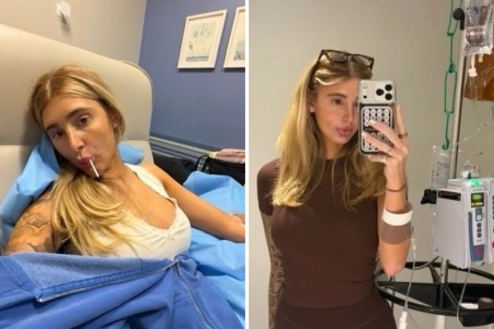 From left: Sarah Esposito during her first round of chemo, and at her second chemo.