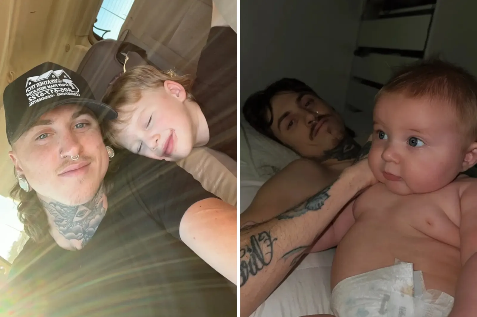 Jacobey posing with one of his sons and lying in bed beside his youngest son.