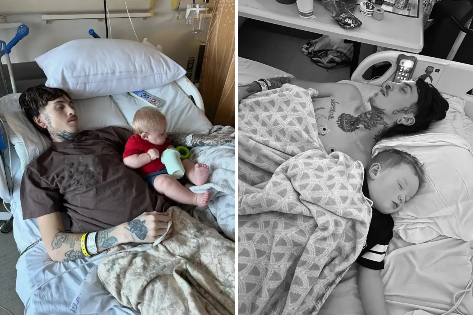 Jacobey lying in a hospital bed with his son and sleeping beside another of his children.