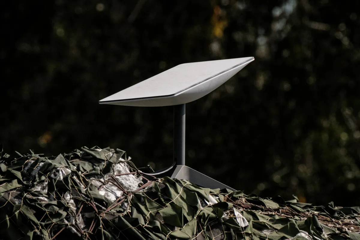 This photograph taken on September 25, 2022, shows an antenna of the Starlink satellite-based broadband system in Izyum in Ukraine's Kharkiv region.