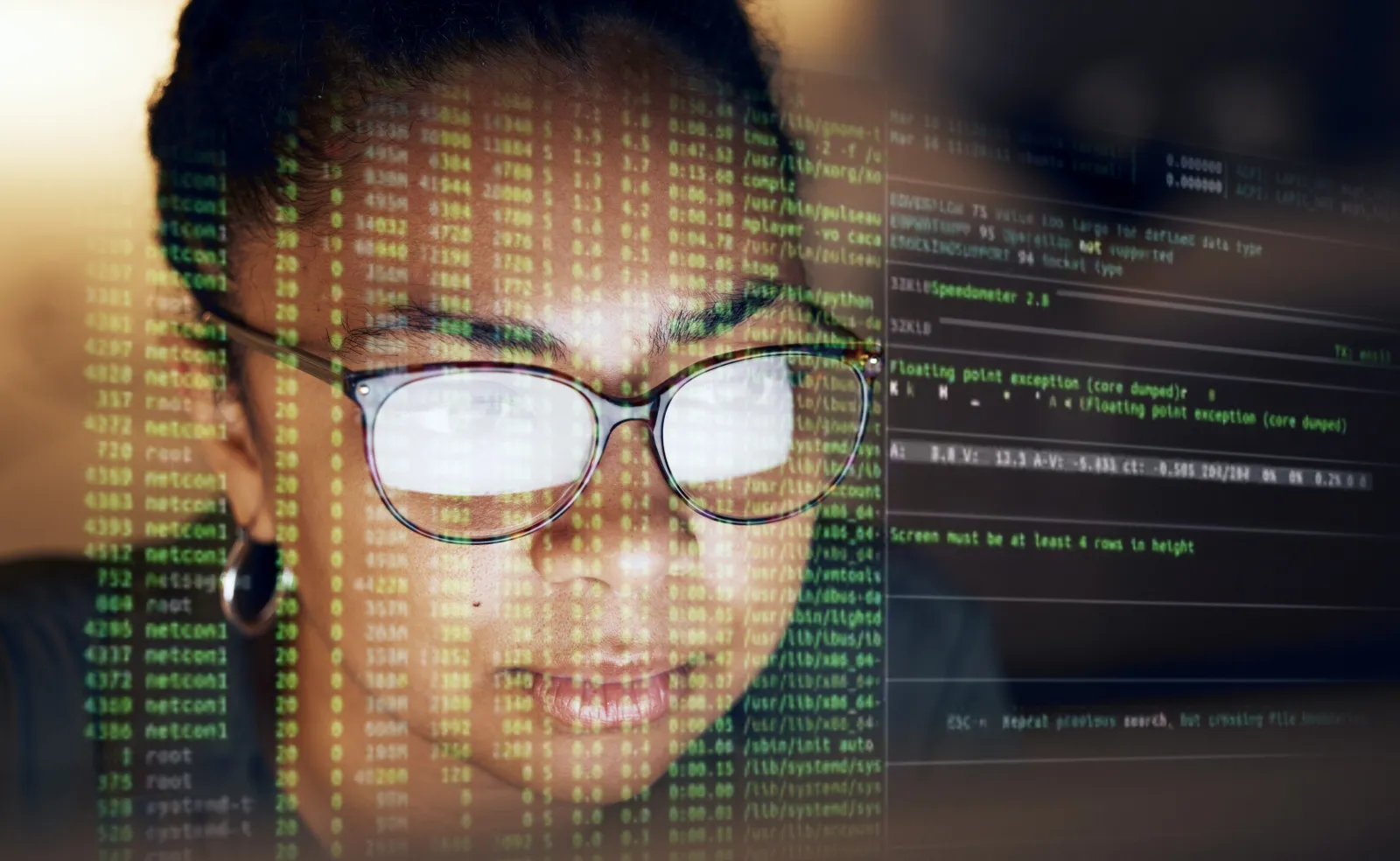 Computer hologram, script and woman programming software server or coding future cybersecurity.