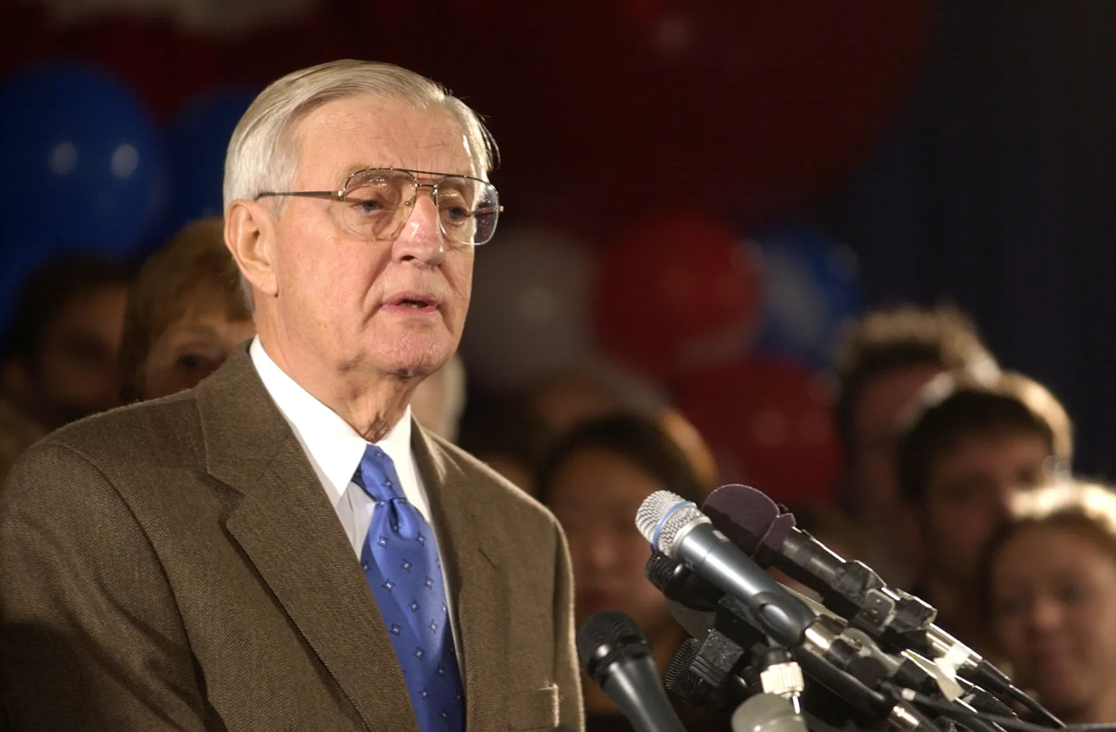 Former Vice President Walter Mondale concedes the election to his Republican opponent Norm Coleman on November 6, 2002, in St. Paul, Minnesota.