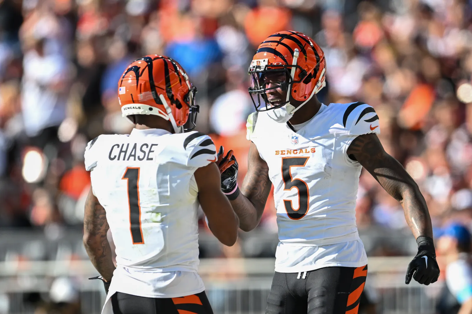 Tee Higgins #5 of the Cincinnati Bengals celebrates with Ja'Marr Chase.