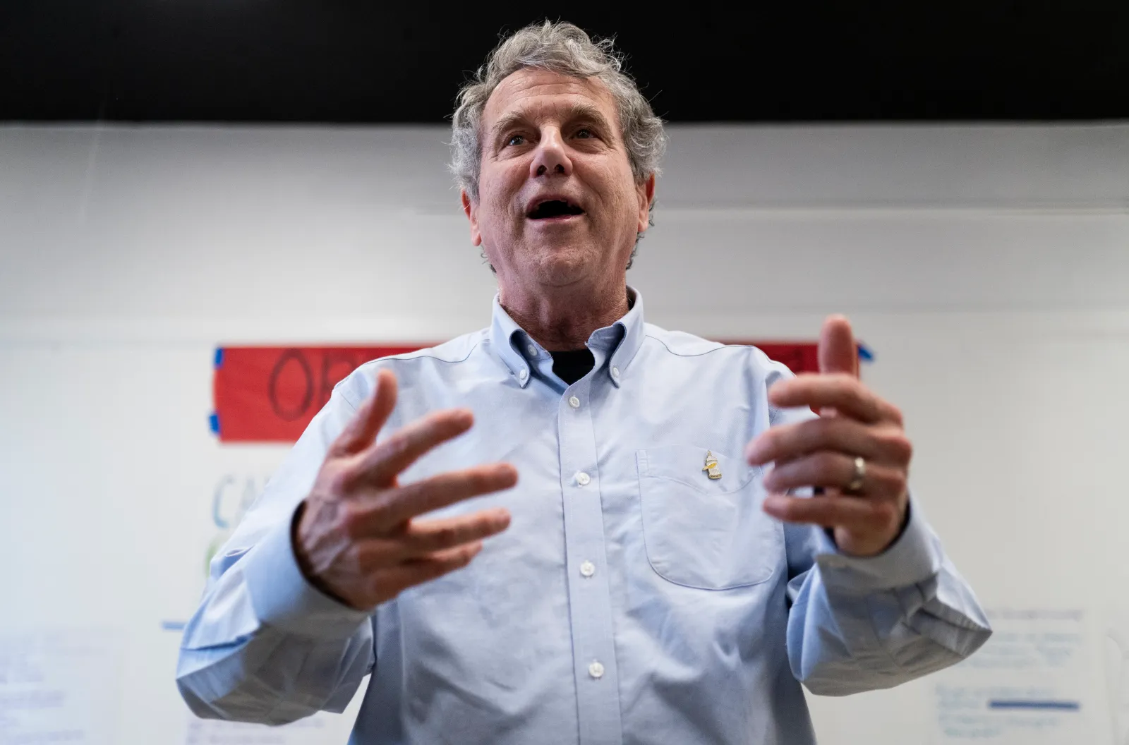 Former Ohio Senator Sherrod Brown speaks to volunteers on November 4, 2024, in Cleveland Heights, Ohio.