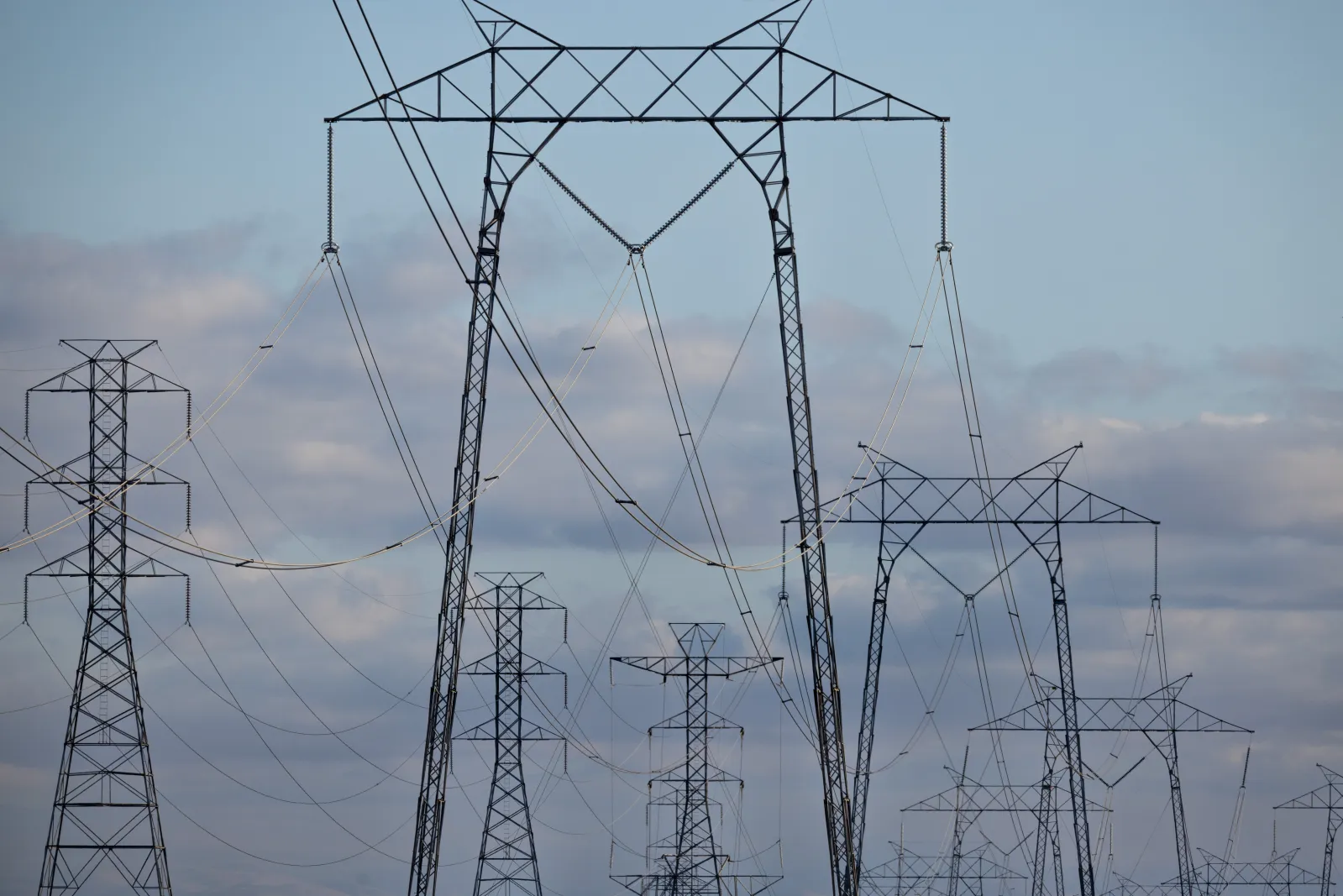 High voltage transmission lines, seen near W. Lerdo Highway, December 15, 2024, along I-5 in the central California community of Buttonwillow, California.
