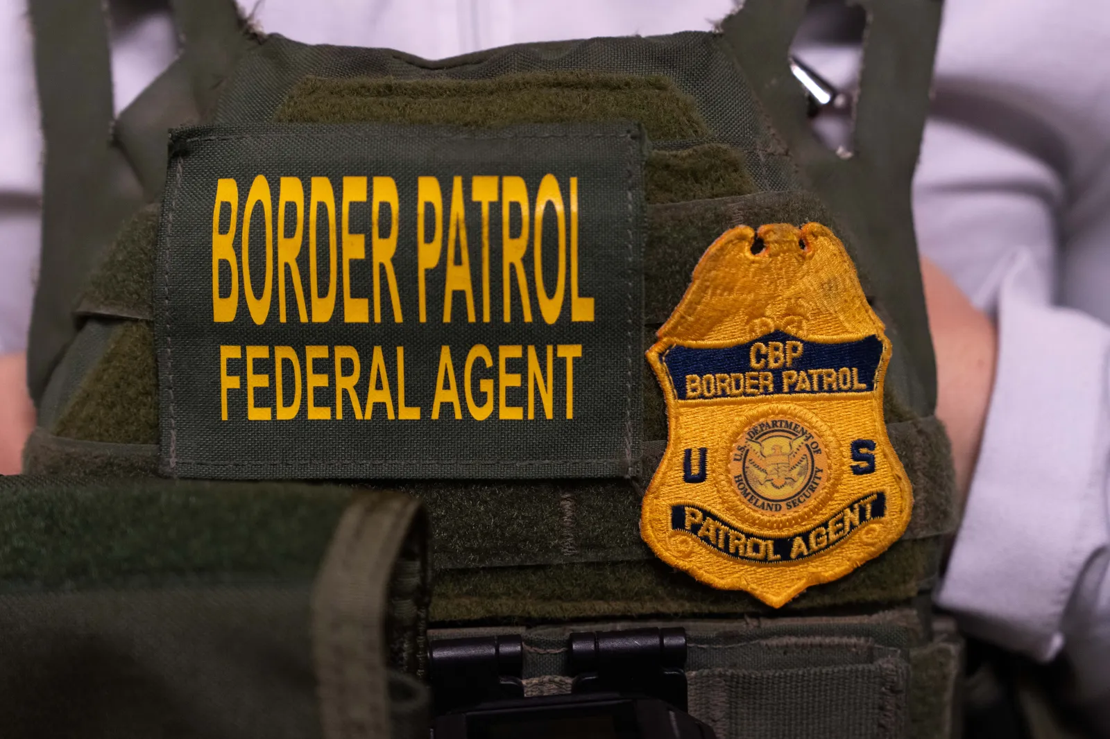 U.S. Customs and Border Patrol agent stands outside of immigration court hearings, at Jacob K. Javits Federal Building on June 10, 2025 in New York City.