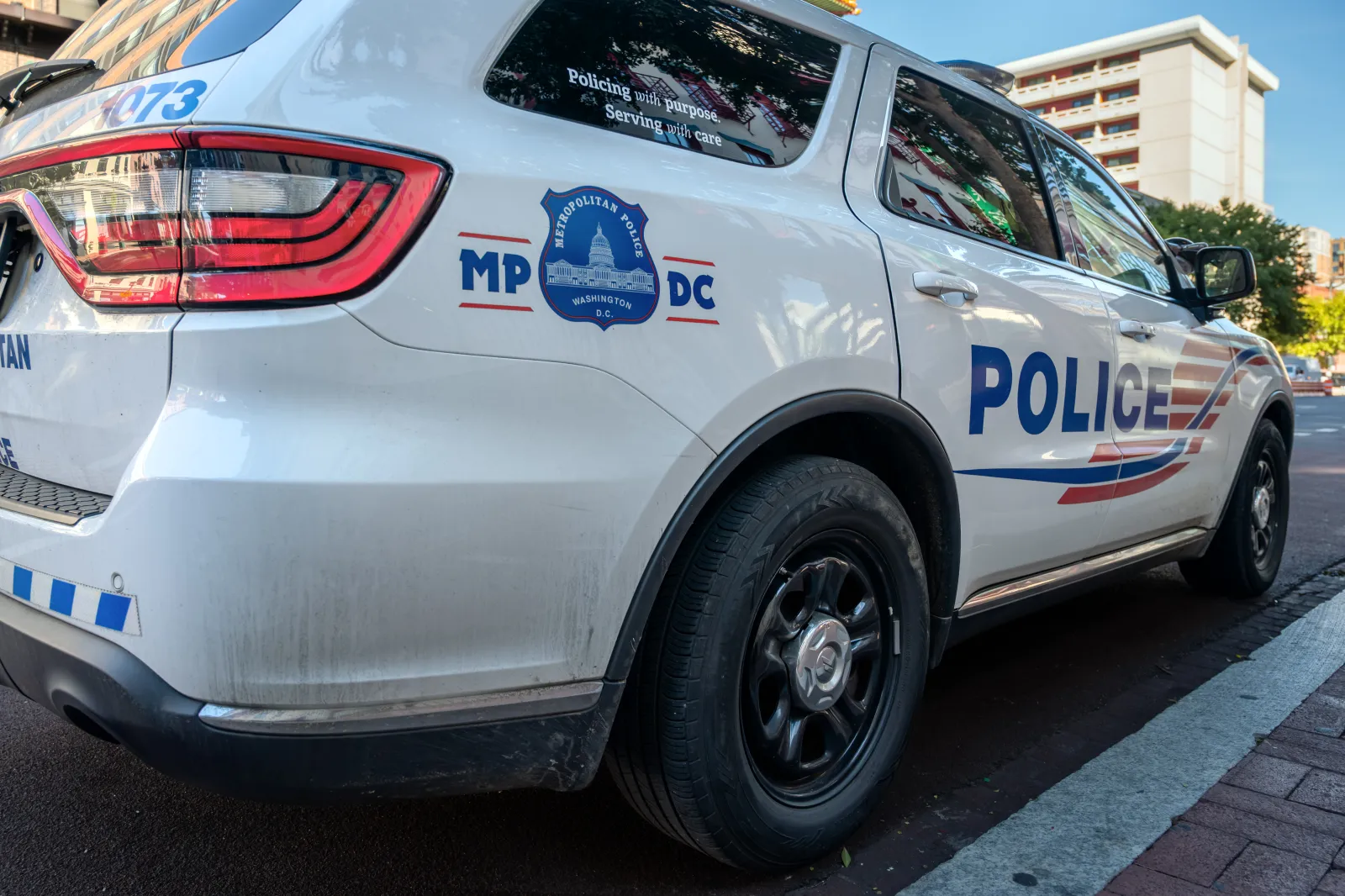 October 17, 2025: Low-angle view of a Metropolitan Police Department patrol SUV parked along a city street in Washington, D.C.