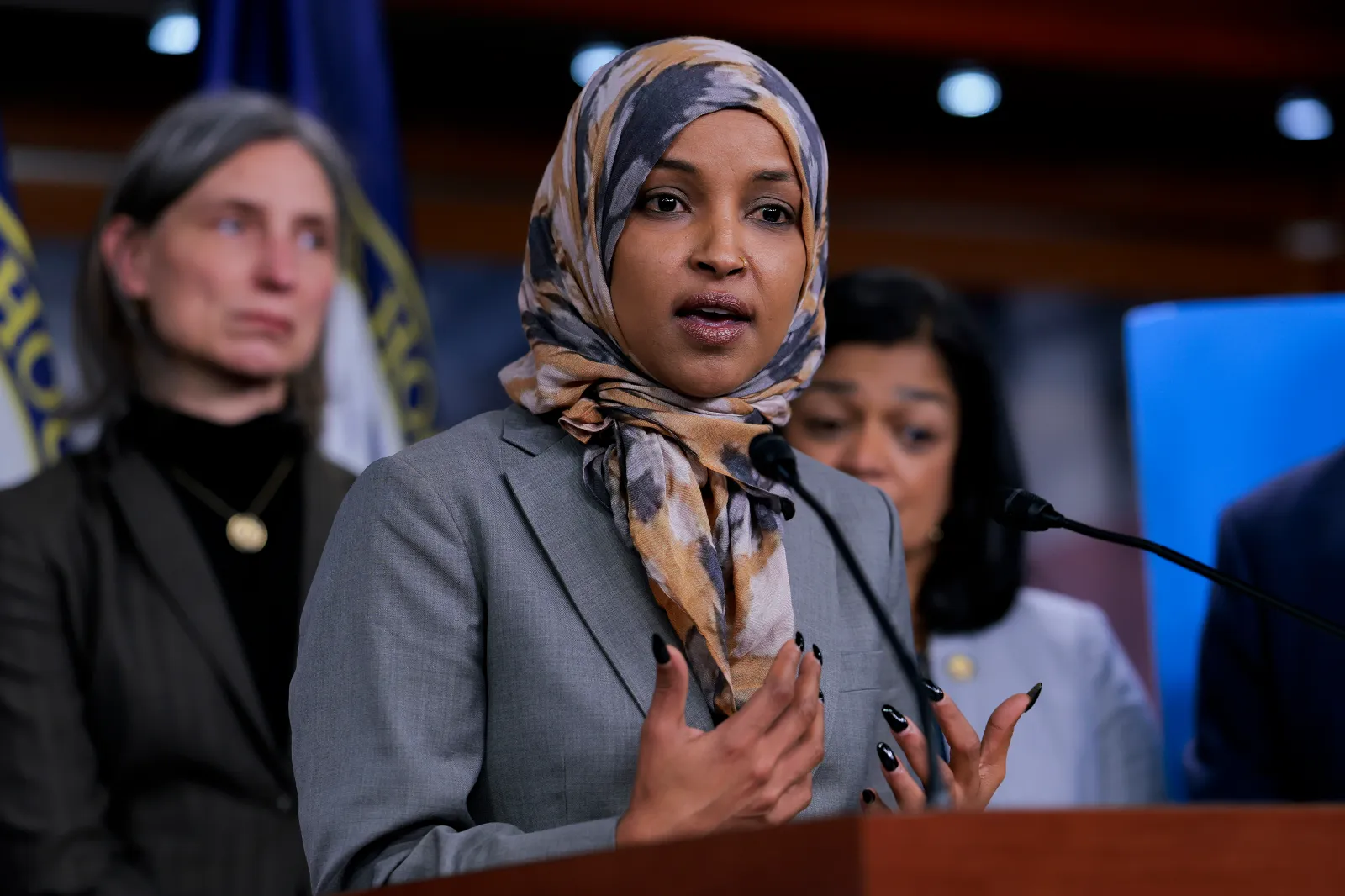 U.S. Representative Ilhan Omar speaks at a press conference at the U.S. Capitol on January 13, 2026.