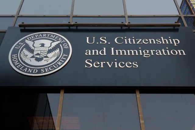 The U.S. Department of Homeland Security logo is displayed at a Citizenship and Immigration Services office on January 16 in San Diego.