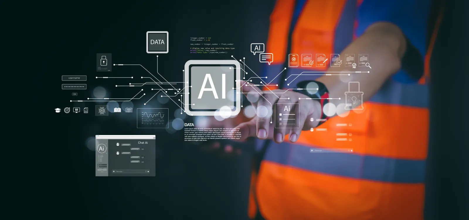 Engineer using futuristic touchscreen with AI.
