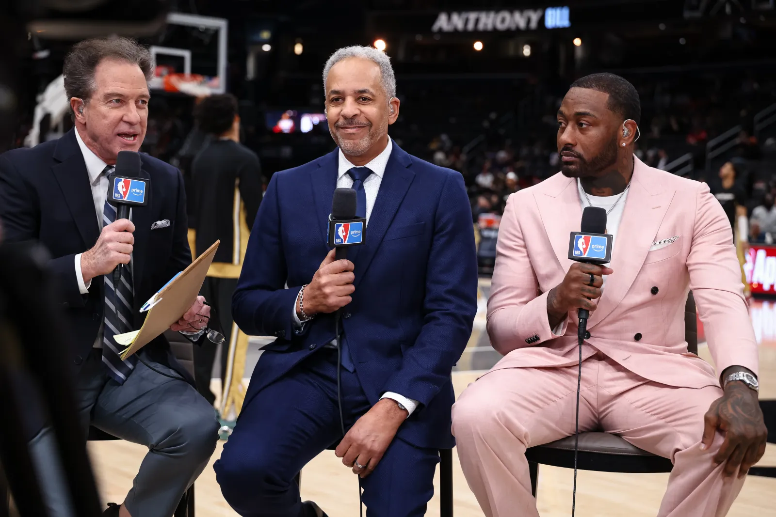 Kevin Harlan, Dell Curry, and retired NBA player John Wall commentate prior to the game between the Washington Wizards and the Milwaukee Bucks at Capital One Arena on Jan. 29, 2026 in Washington, DC.