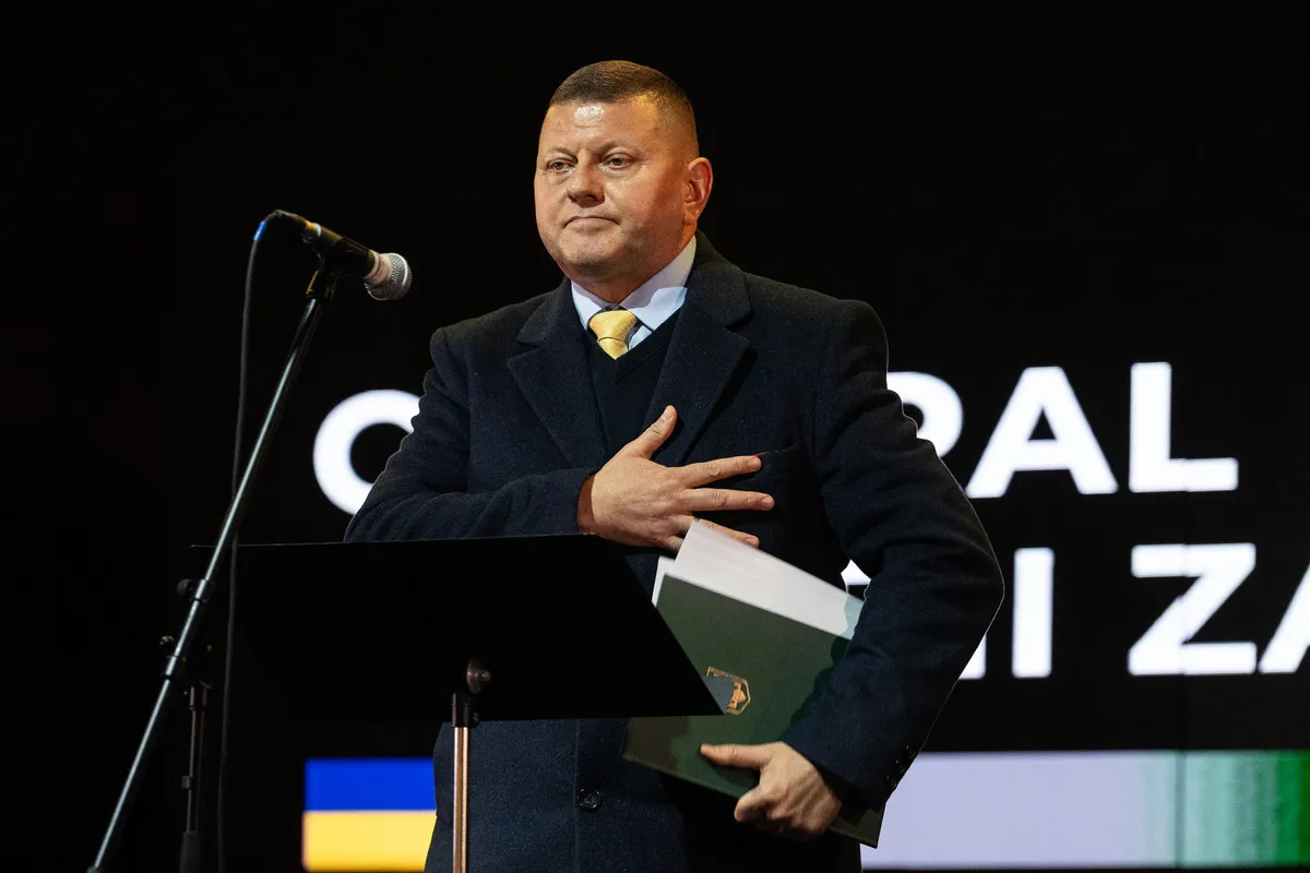 Ukrainian ambassador Valerii Zaluzhnyi addresses the rally on February 24, 2026 in London, England.