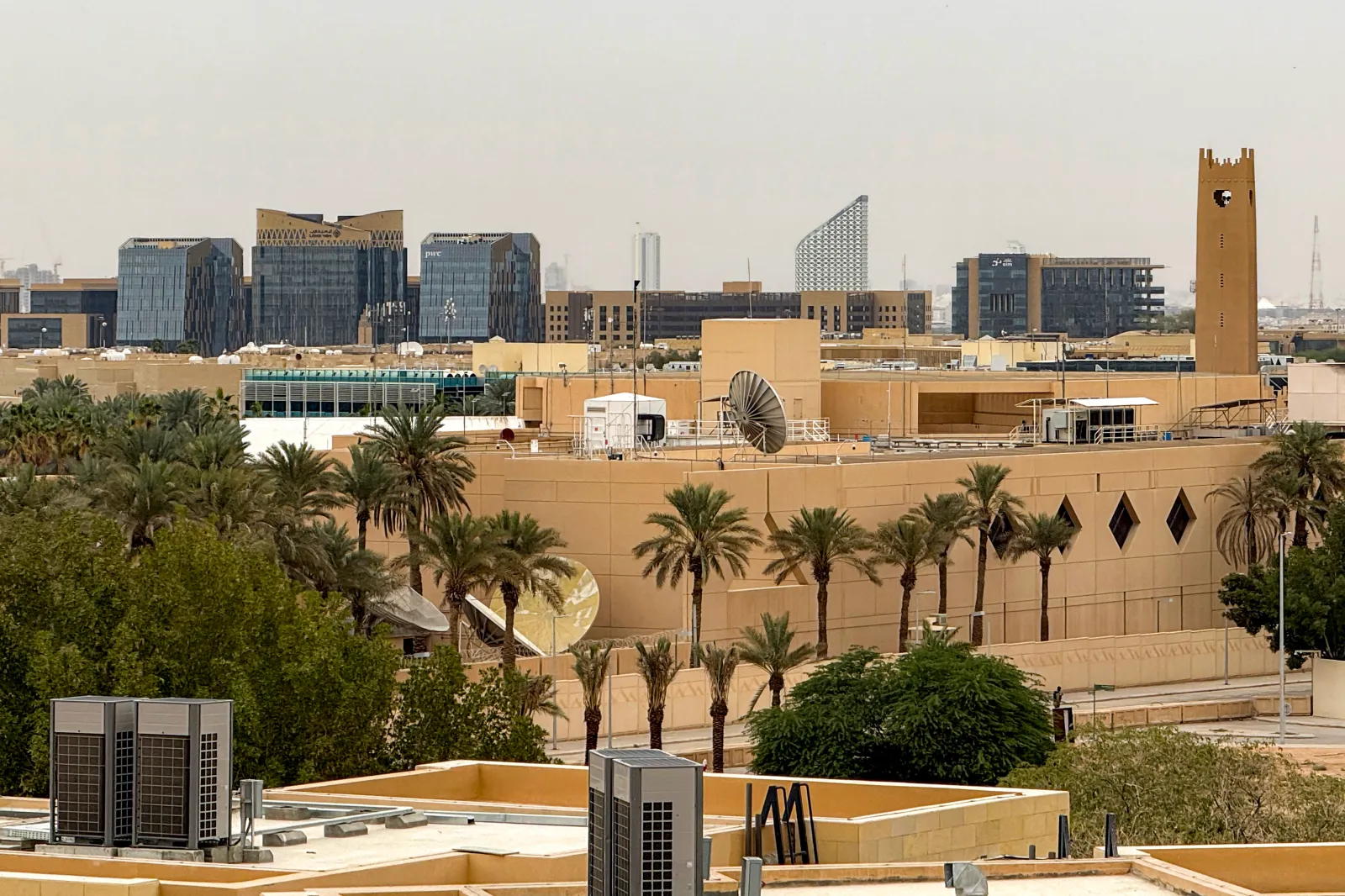The US embassy headquarters in Riyadh is pictured on March 3, 2026, after it was hit by drone strikes earlier. The U.S. has ordered some staff from its Saudi missions to leave the country amid growing attacks from Houthis.