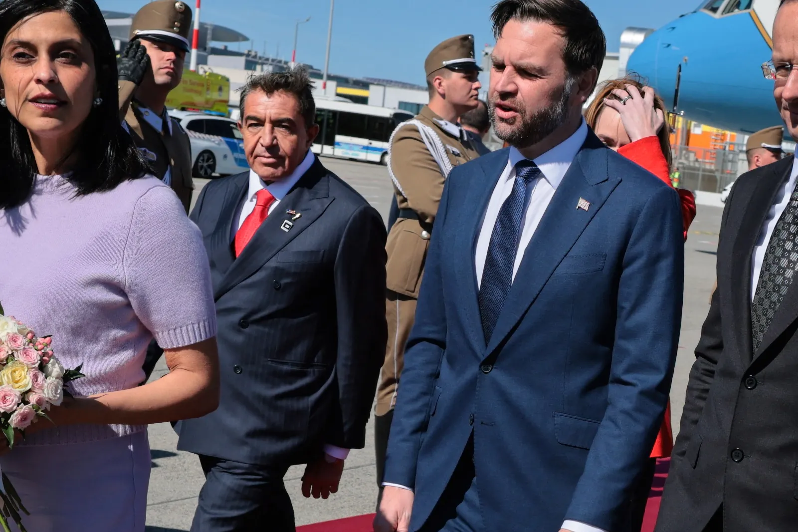 Paolo Zampolli is seen with Vice President JD Vance and second lady Usha Vance as they arrive at Budapest Ferenc Liszt International in Hungary, on April 7, 202