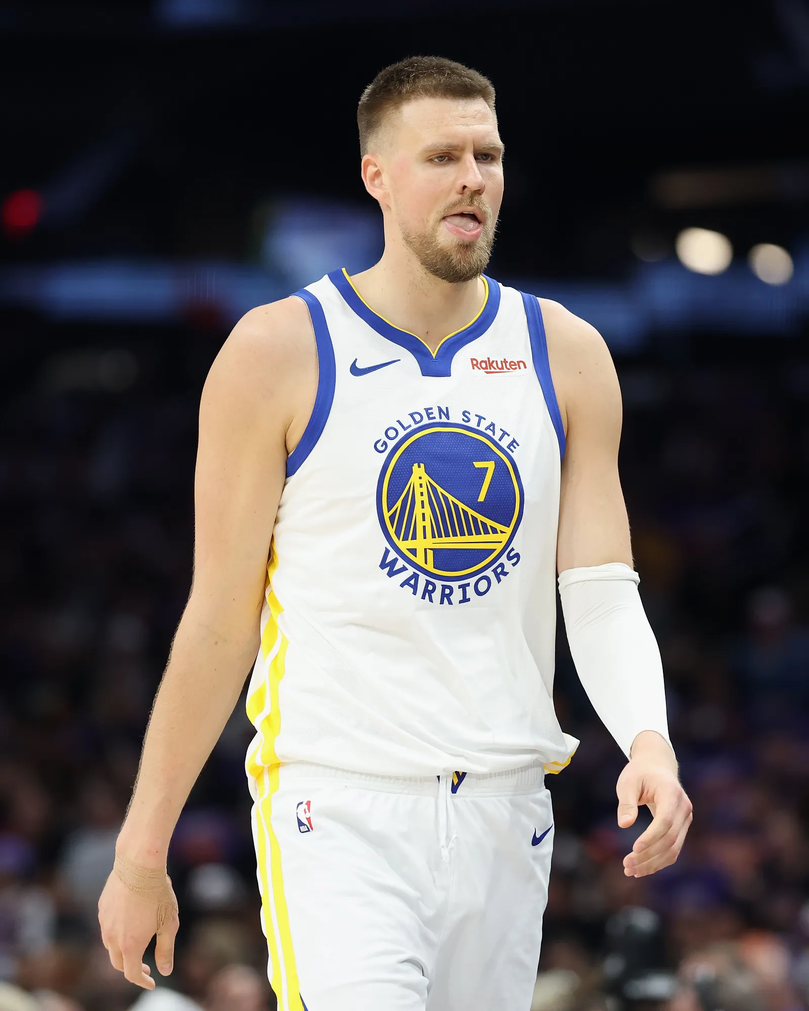PHOENIX, ARIZONA - APRIL 17: Kristaps Porzingis #7 of the Golden State Warriors during the first half of an NBA play-in tournament game at Mortgage Matchup Center on April 17, 2026 in Phoenix, Arizona. (Photo by Christian Petersen/Getty Images)