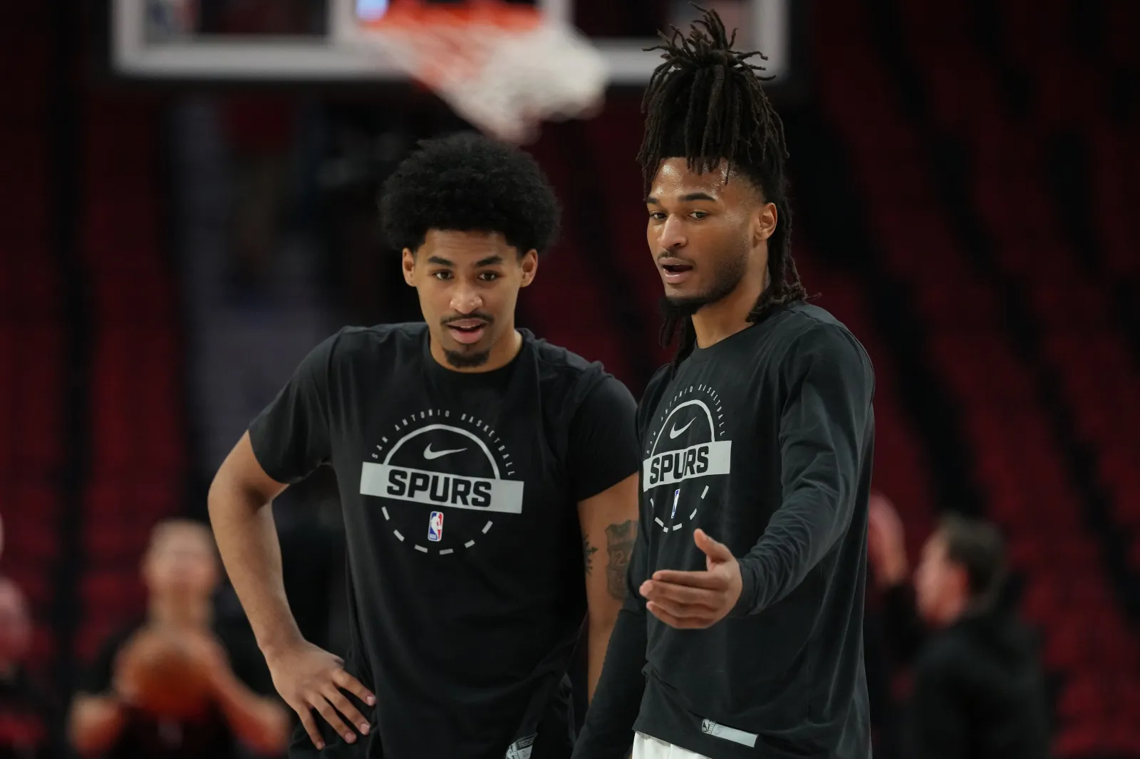 Dylan Harper #2 and Stephon Castle #5 of the San Antonio Spurs.