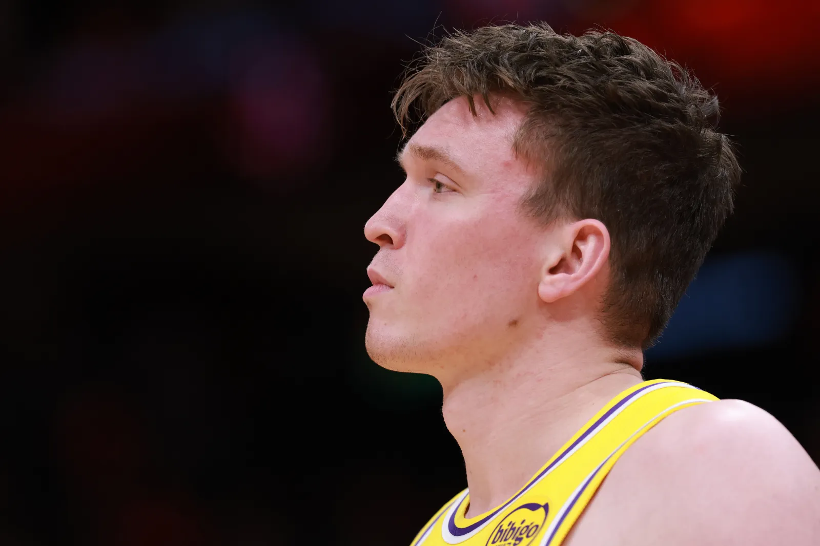 HOUSTON, TEXAS - MAY 01: Dalton Knecht #4 of the Los Angeles Lakers looks on during the fourth quarter of a game against the Houston Rockets in Game Six of the First Round of the NBA Western Conference Playoffs at Toyota Center on May 01, 2026 in Houston, Texas.