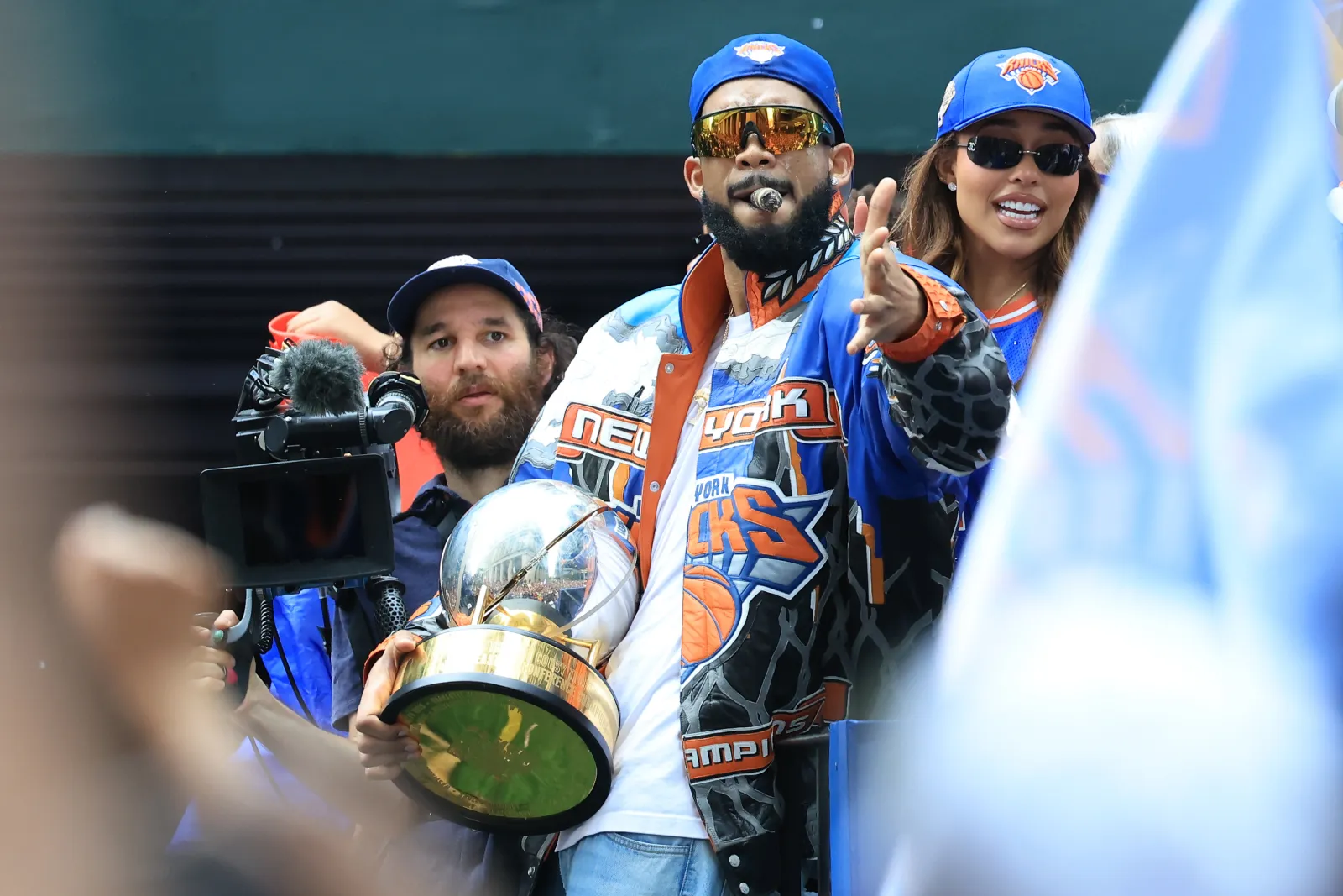 Karl-Anthony Towns #32 of the New York Knicks celebrates with the Bob Cousy Trophy on a float during the New York Knicks Championship ticker tape parade and victory rally celebrating winning the 2026 NBA Finals on June 18, 2026 in New York City. The New York Knicks defeated the San Antonio Spurs in five games to win their first NBA Championship in 53 years. (Photo by Justin Casterline/Getty Images)