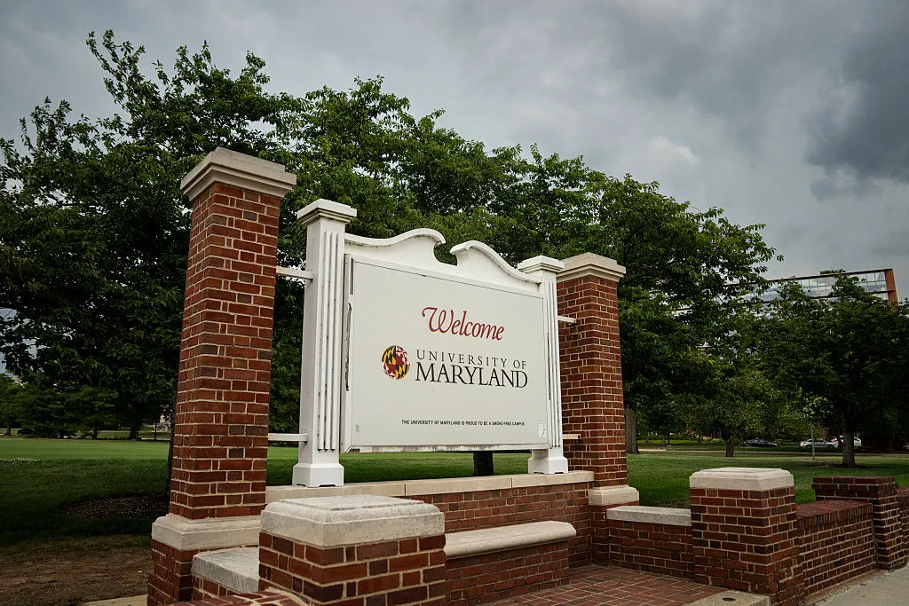 The entrance to the University of Maryland, a public land-grant research university situated right outside Washington, DC, on July 28, 2026, in College Park, Maryland.
