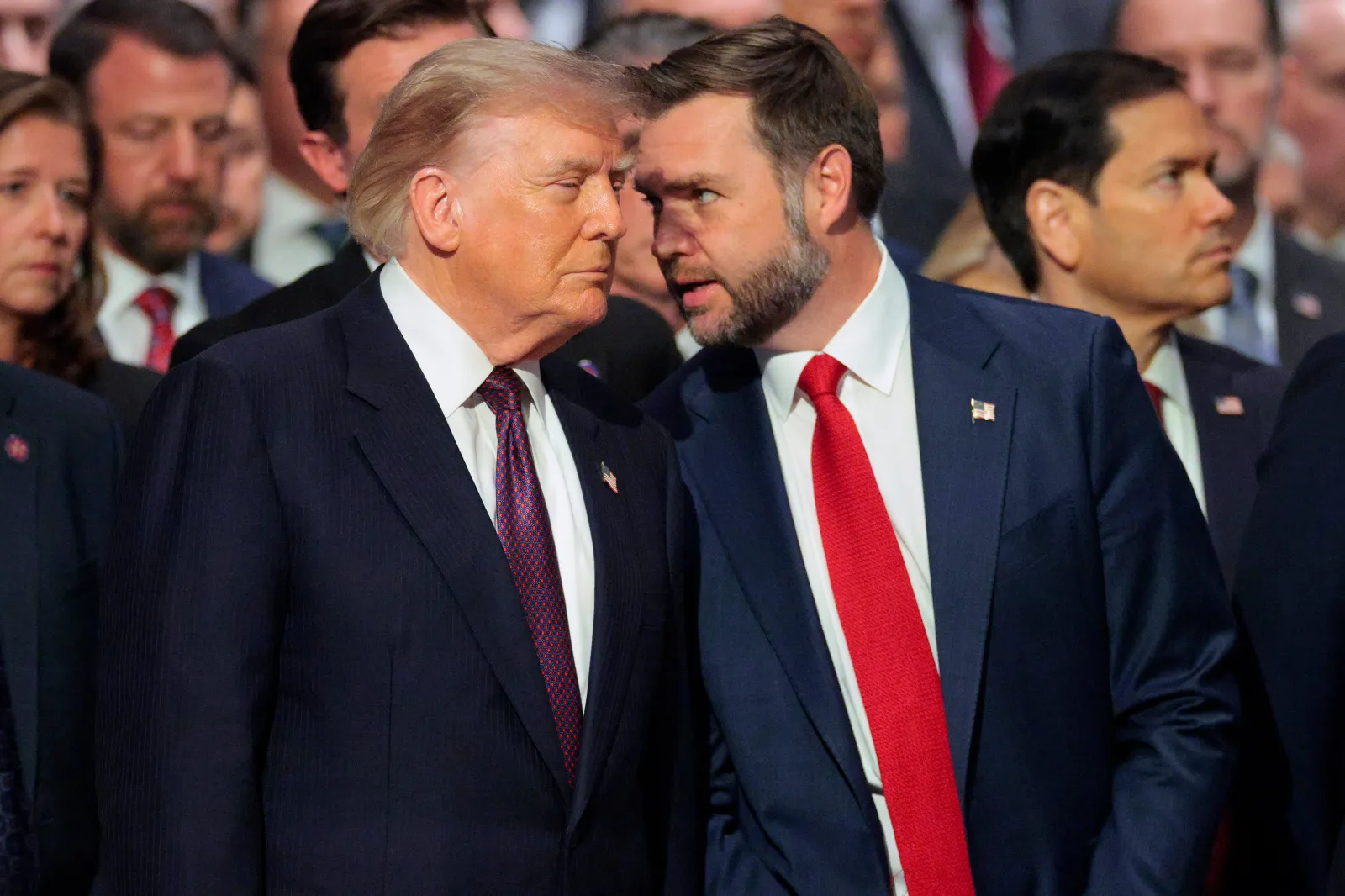 President Donald Trump (L) and U.S. Vice President JD Vance attend the funeral service for the U.S. Senator Lindsey Graham at the Washington National Cathedral on July 28, in Washington, DC.