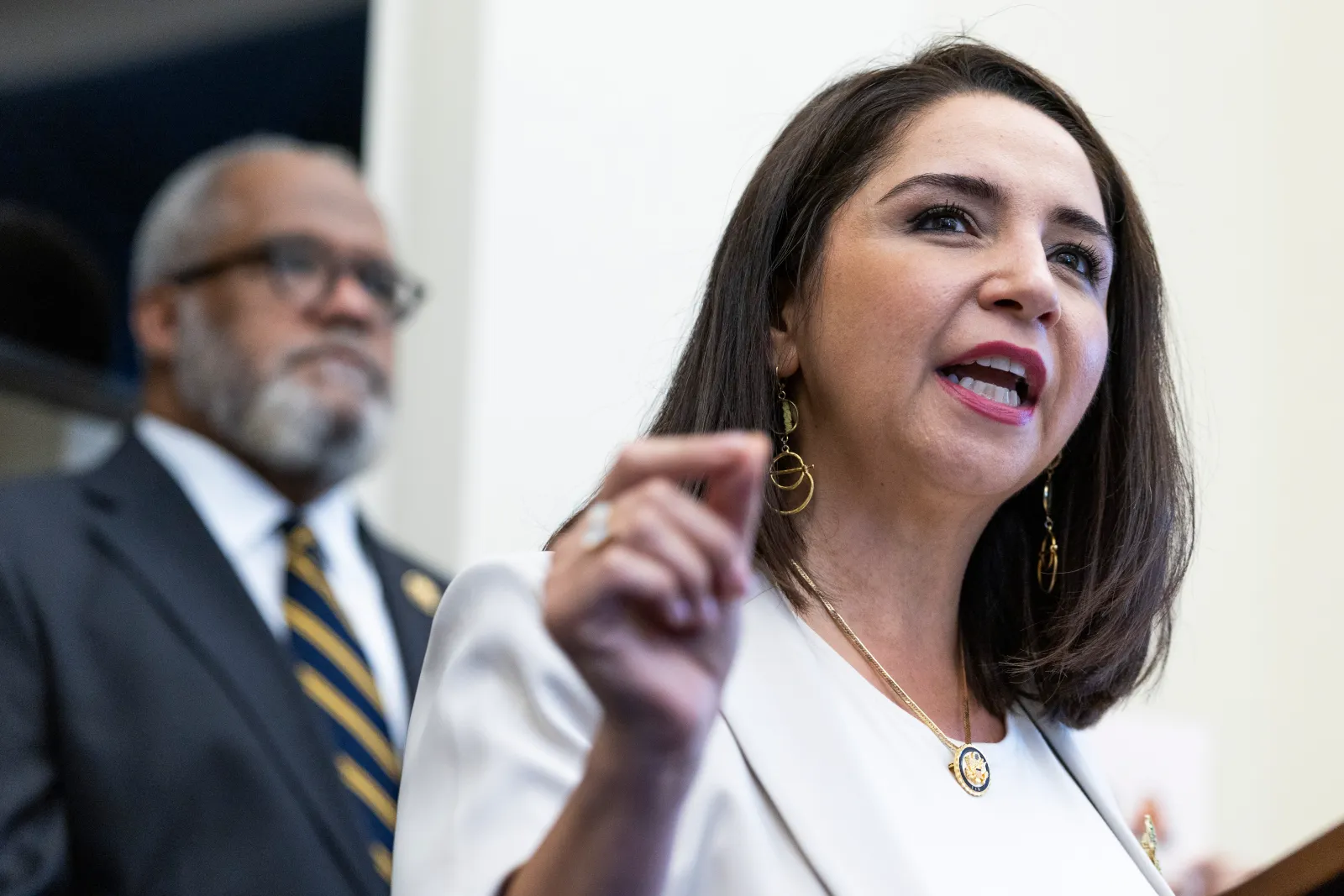 U.S. Rep. Delia Ramirez (D-IL) speaks during a press conference on the No Homeless Detention Centers Act in the Cannon House Office Building on September 02, 2026 in Washington, DC.