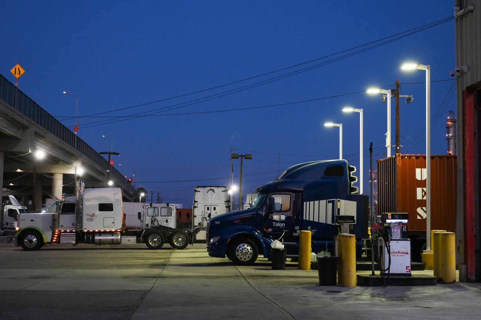 A truck is parked at a diesel fuel pump displaying prices above $8 per gallon at a truck stop in the Wilmington neighborhood of Los Angeles, California, on September 22, 2026.
