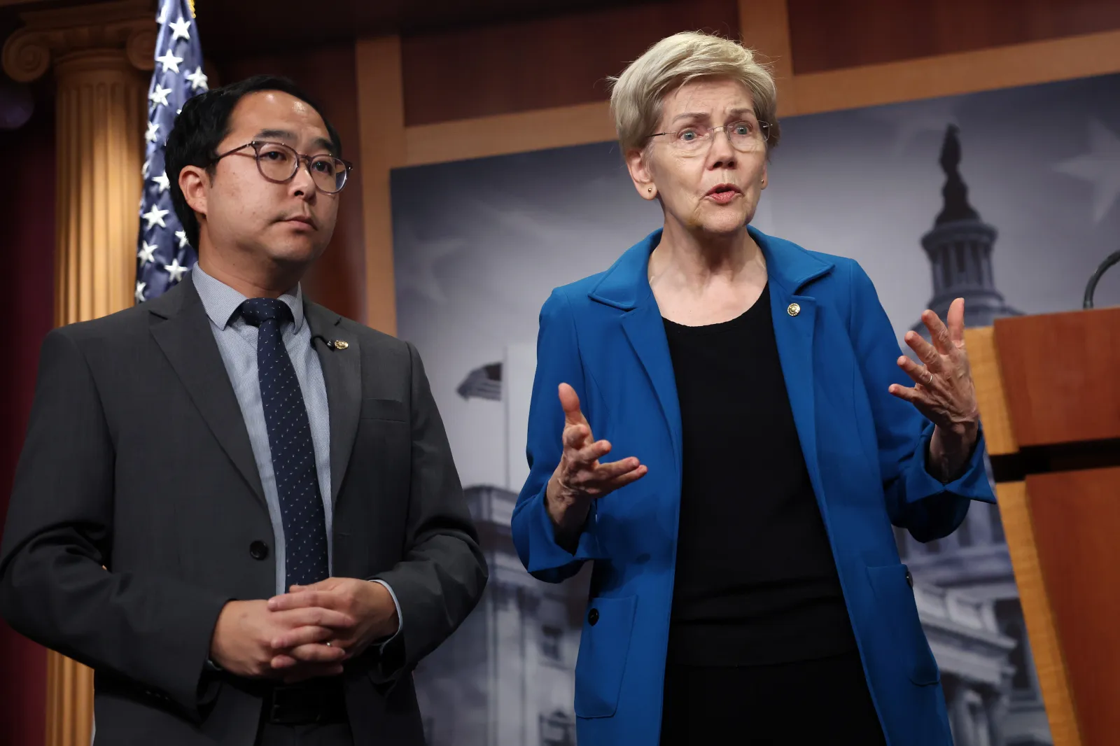 Elizabeth Warren (D-Ma), with Andy Kim (D-NJ), speaks at a press conference (Photo by Kevin Dietsch/Getty)
