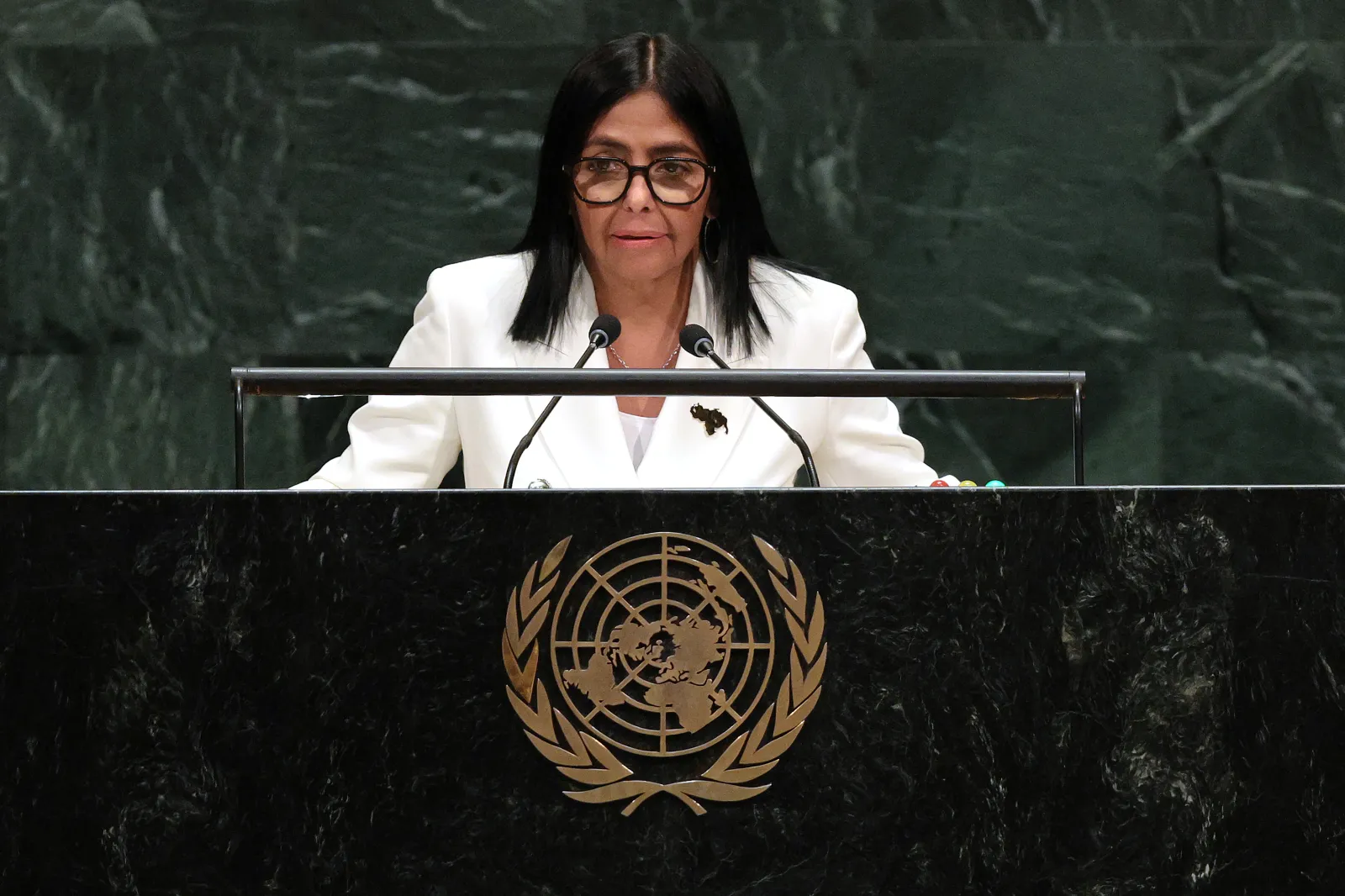 Interim President of Venezuela Delcy Rodríguez speaks at the United Nations General Assembly on September 23, 2026, at the U.N. Headquarters in New York City.