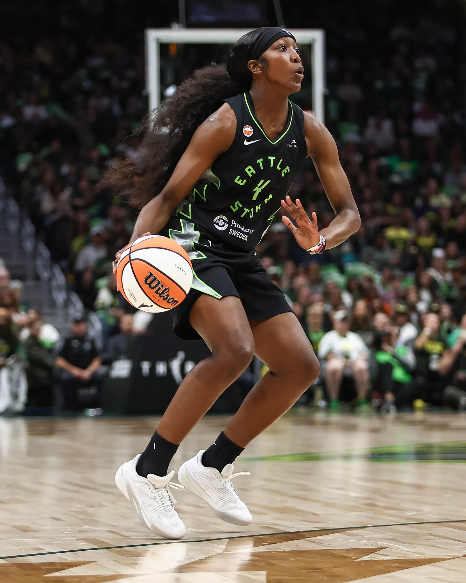 Flau'jae Johnson #4 of the Seattle Storm looks to shoot against the Dallas Wings at Climate Pledge Arena on Sept. 23, 2026 in Seattle, Washington.