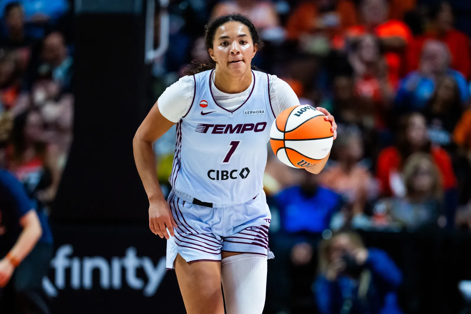 Kiki Rice #1 of the Toronto Tempo plays against the Connecticut Sun during the first half of a WNBA basketball game at Mohegan Sun Arena on Sept. 24, 2026 in Uncasville, Connecticut.
