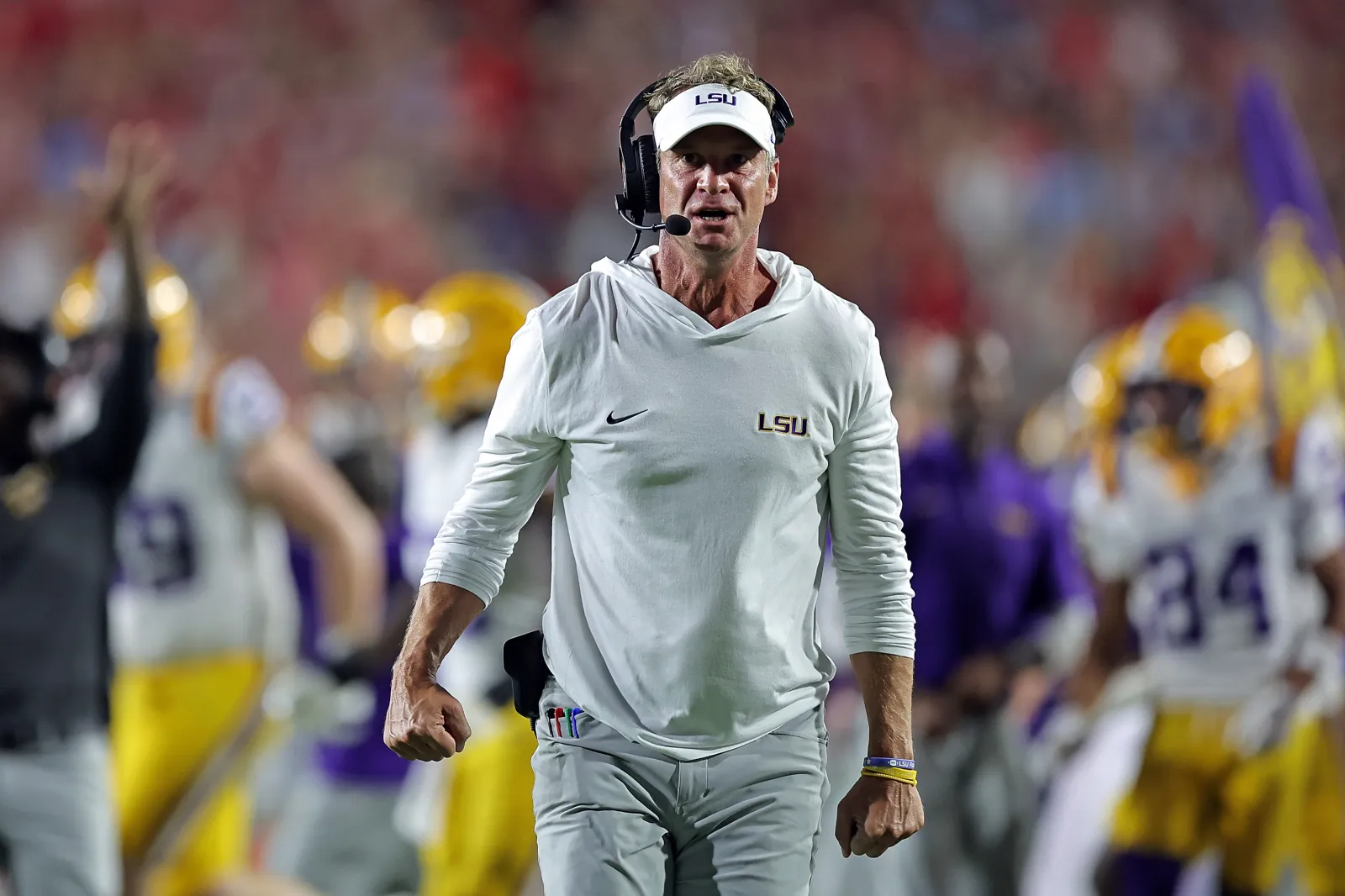 Lane Kiffin on sidelines for LSU Tigers during Ole Miss game