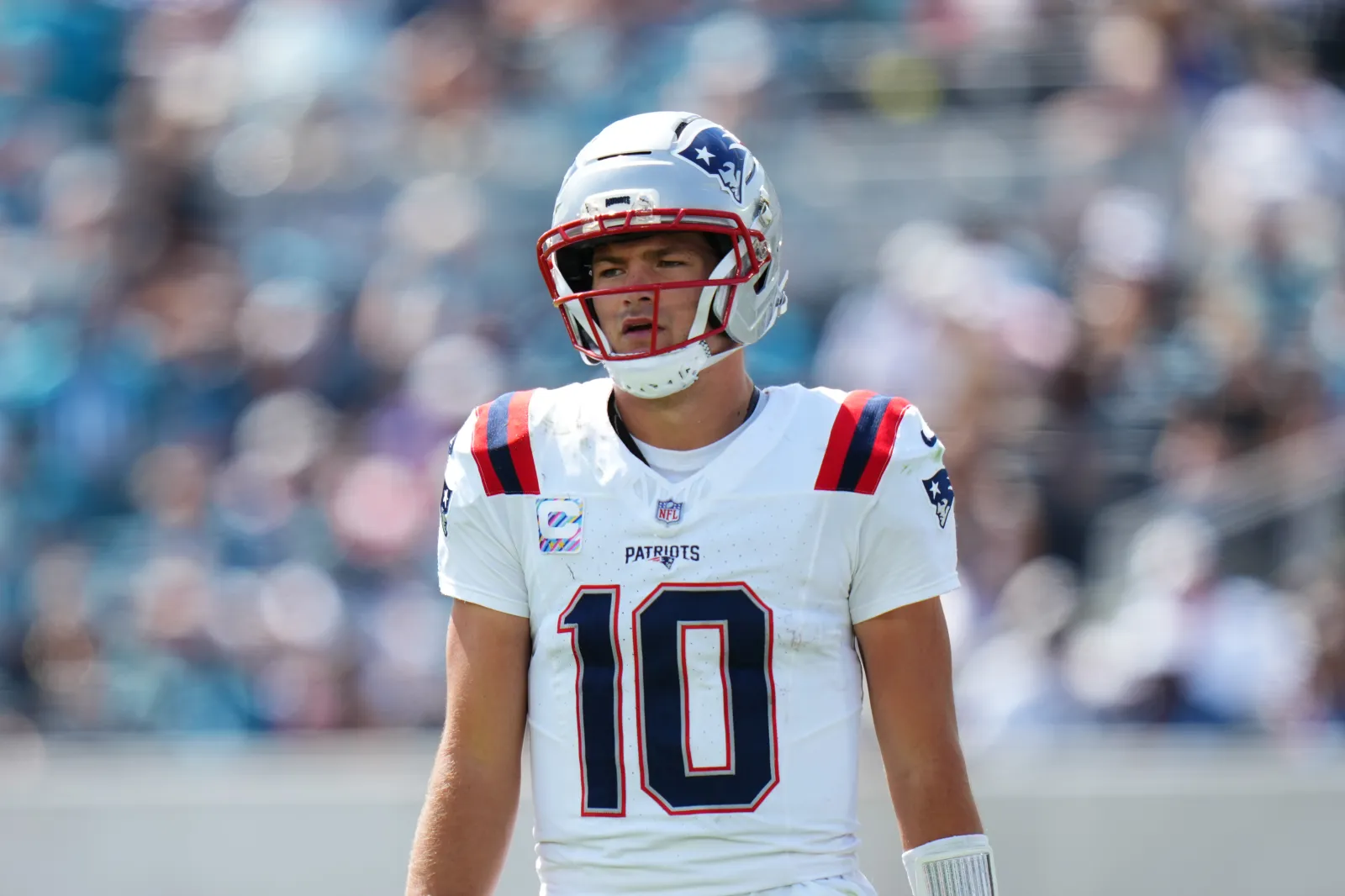 Patriots quarterback Drake Maye reacts during game against Jacksonville Jaguars