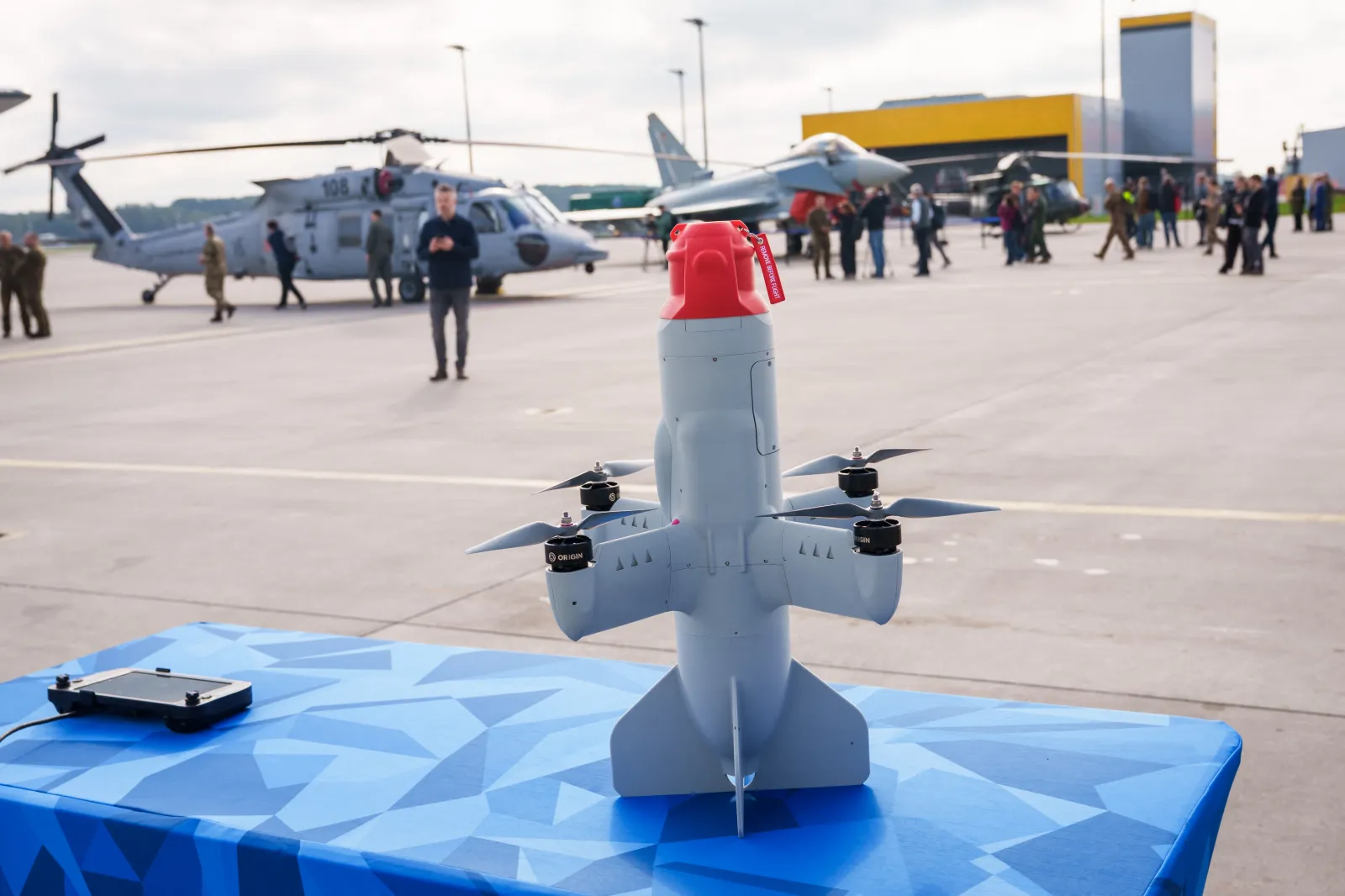 A Latvian BLAZE autonomous interceptor drone is seen during the NATO Media Day at the Lielvarde Air Base in Lielvarde, Latvia, on October 1, 2026.