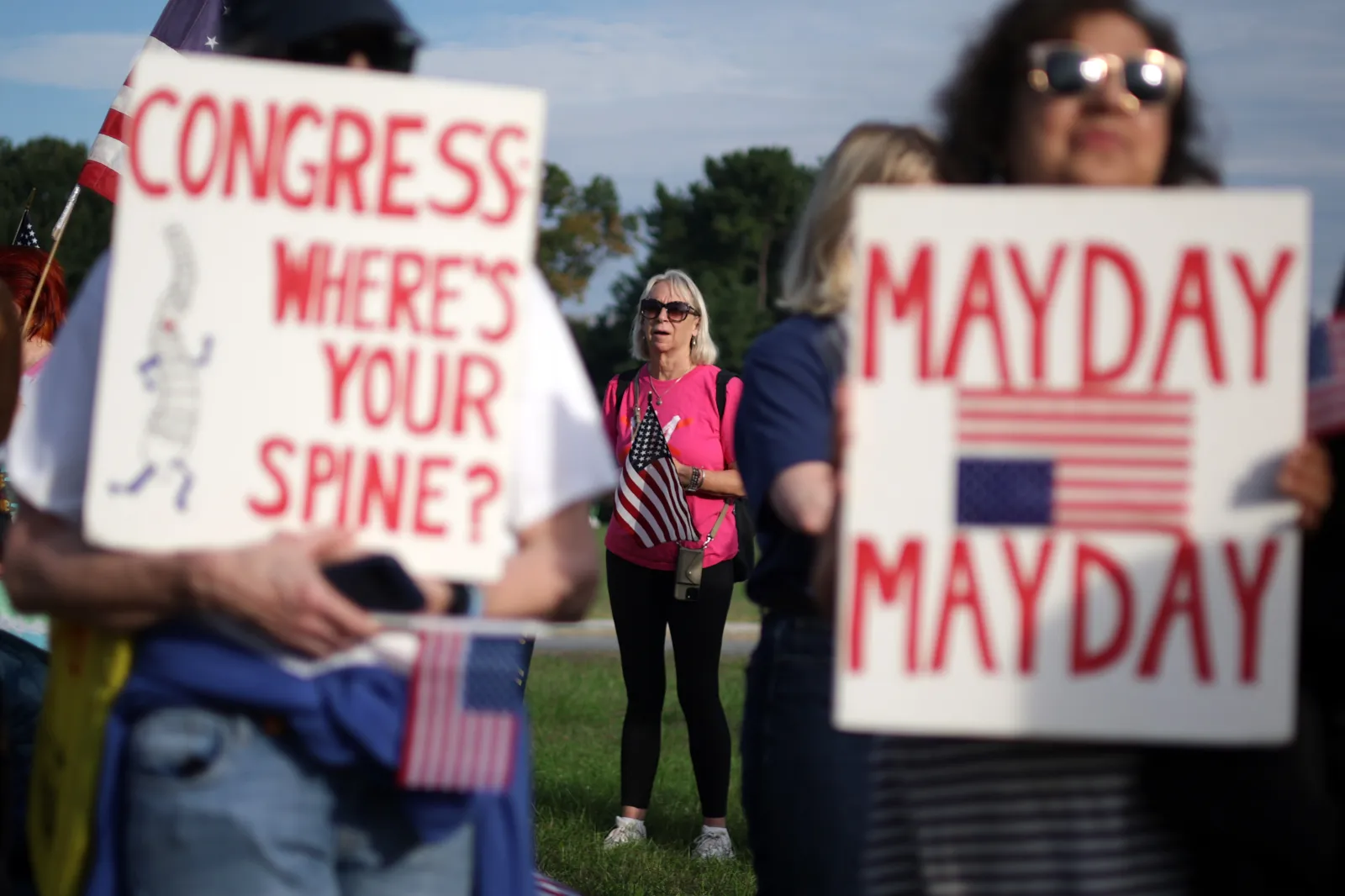 Veterans and other activists stage a demonstration to protest President Donald Trump’s plan to build a 250-foot-tall triumphal arch at Memorial Circle on October 1, 2026, in Arlington, Virginia.