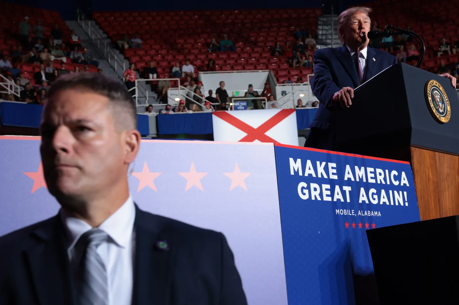 U.S. President Donald Trump speaks during a campaign rally in the Mitchell Center at the University of South Alabama on October 02, 2026, in Mobile, Alabama.