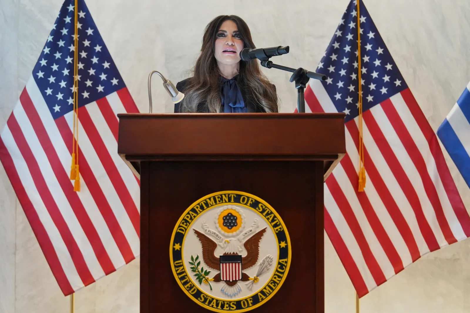 U.S. Ambassador to Greece Kimberly Guilfoyle speaks at the U.S. Embassy in Athens on October 7.