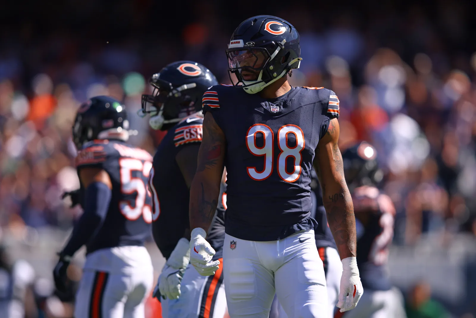 Montez Sweat #98 of the Chicago Bears looks on during the second quarter of the game against the New York Jets at Soldier Field on Oct. 04, 2026 in Chicago, Illinois. (Photo by Jessie Alcheh/Getty Images)