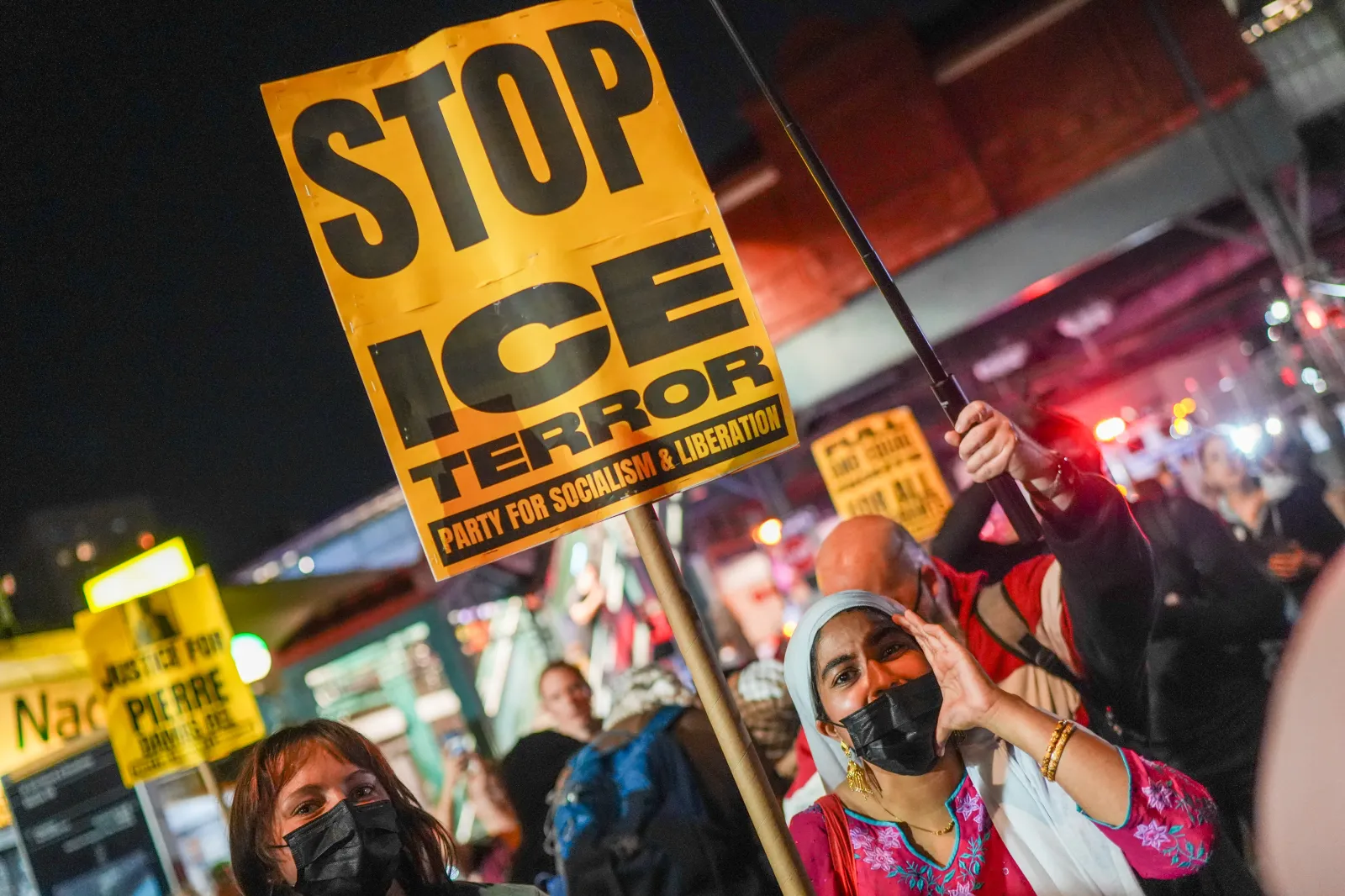 People protest Immigration and Customs Enforcement (ICE) in New York City on October 8, 2026.
