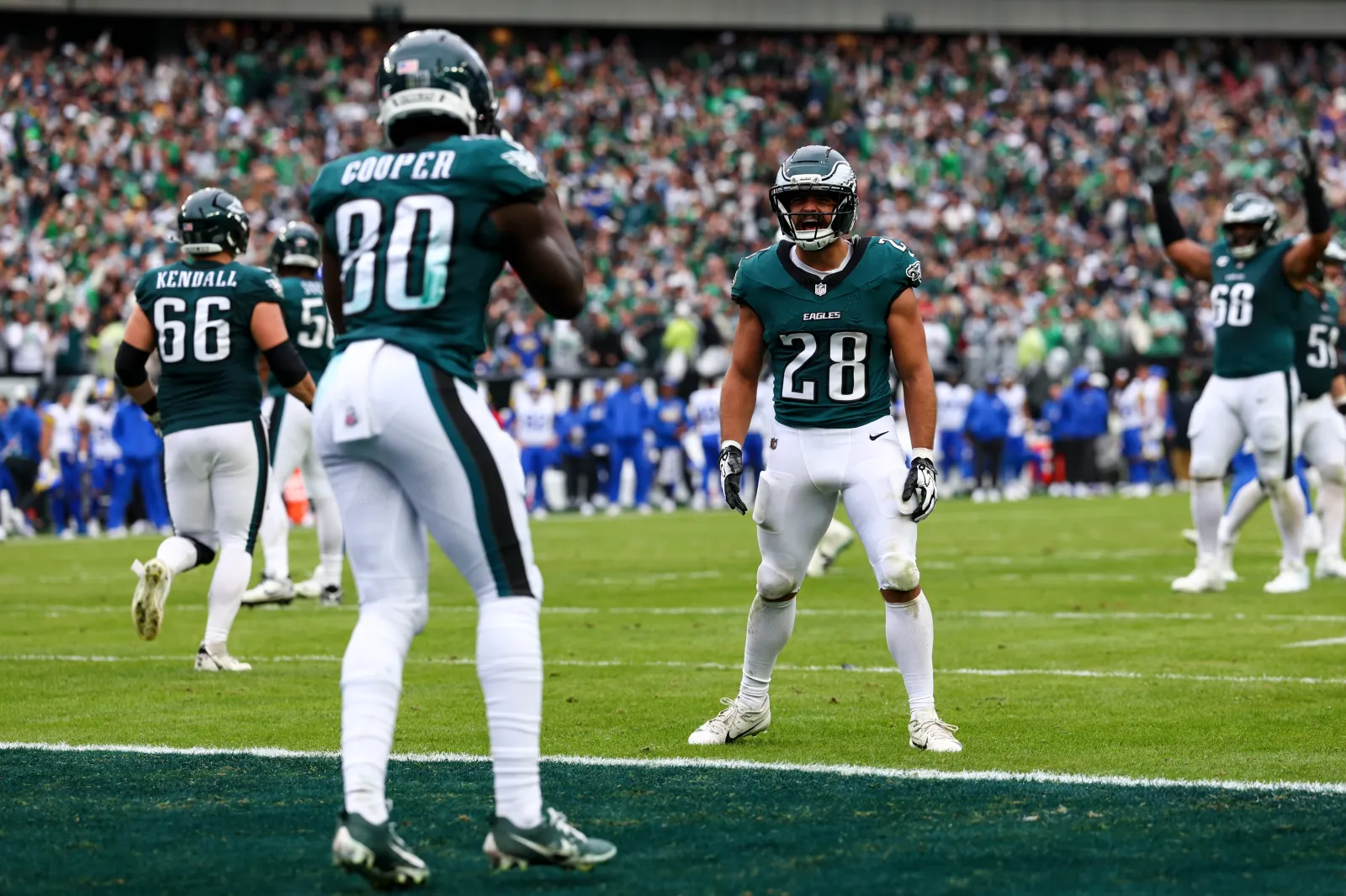 PHILADELPHIA, PENNSYLVANIA - OCTOBER 4: Will Shipley #28 of the Philadelphia Eagles celebrates after a touchdown during an NFL football game against the Los Angeles Rams at Lincoln Financial Field on October 4, 2026 in Philadelphia, Pennsylvania. (Photo by Kevin Sabitus/Getty Images)