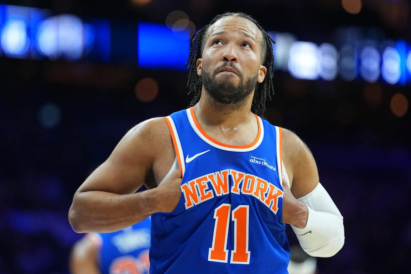 New York Knicks star Jalen Brunson reacts during preseason game against 76ers