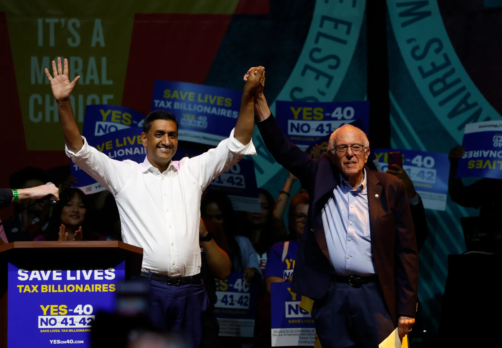Senator Bernie Sanders, right, with Representative Ro Khanna during a "Ballots Over Billionaires" rally at The Novo on October 5, 2026, in Los Angeles.
