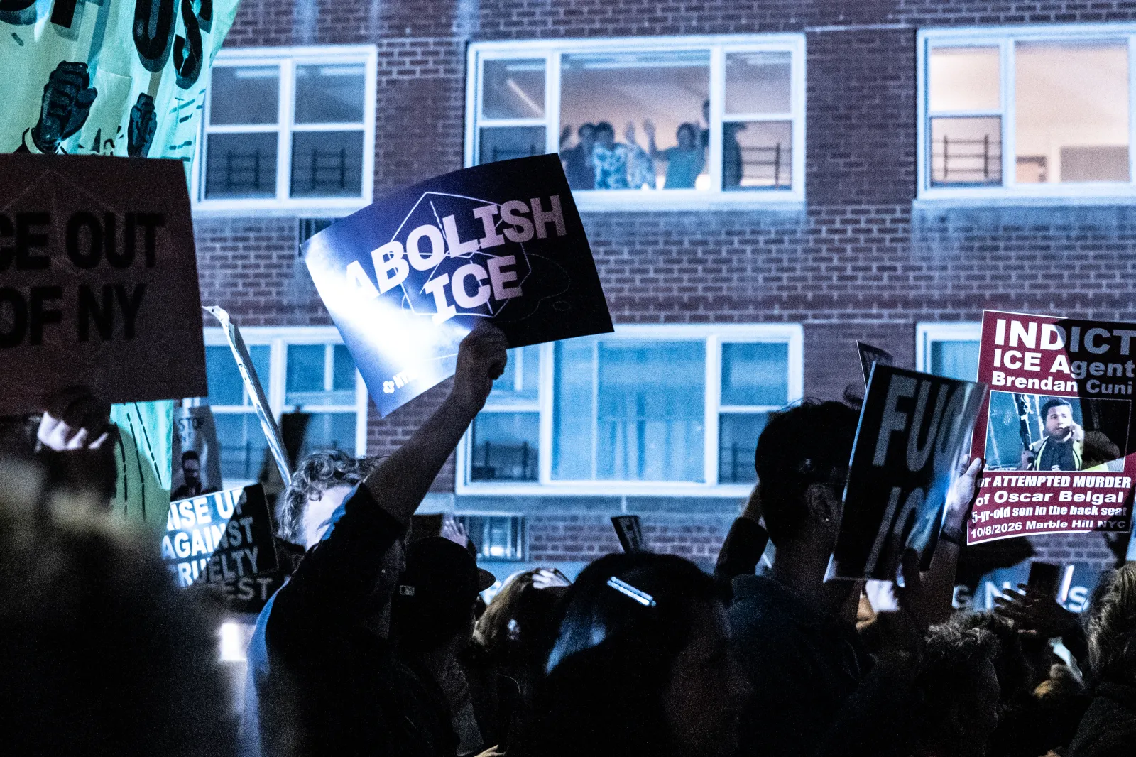 People participate in a march against Immigration and Customs Enforcement (ICE) activities on October 9, 2026, in New York City.