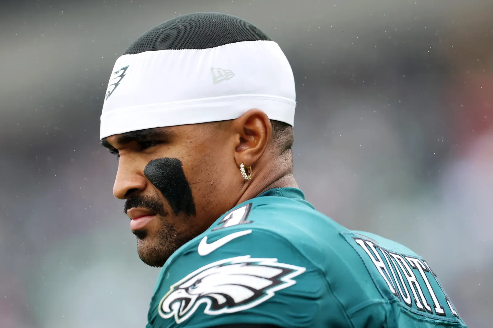 Philadelphia Eagles quarterback Jalen Hurts looks on against Rams