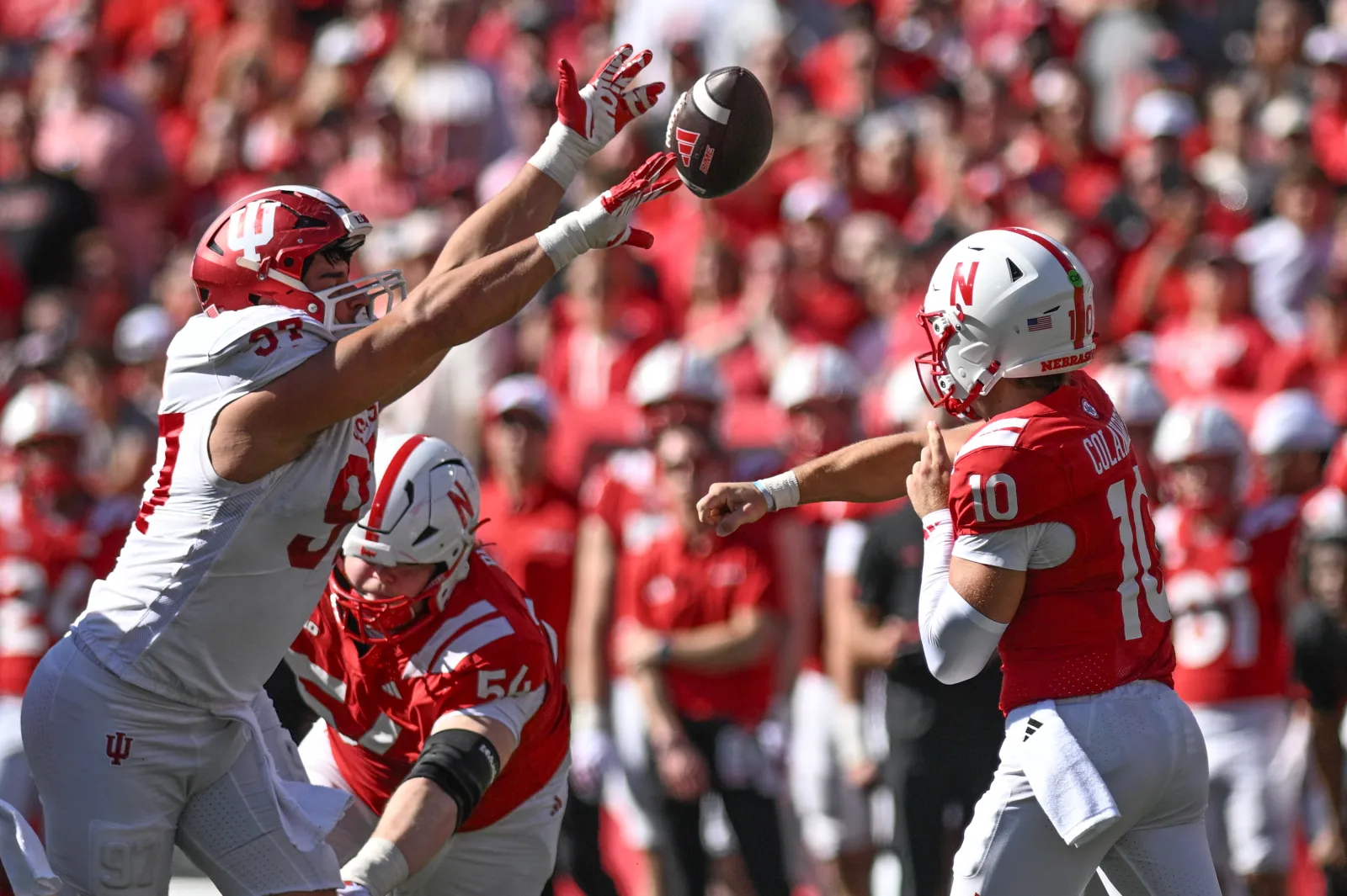 Joe Hjelle #90 of the Indiana Hoosiers knocks down a pass attempt from Anthony Colandrea #10 of the Nebraska Cornhuskers during the first half at Memorial Stadium on Oct. 10, 2026 in Lincoln, Nebraska. (Photo by Steven Branscombe/Getty Images)