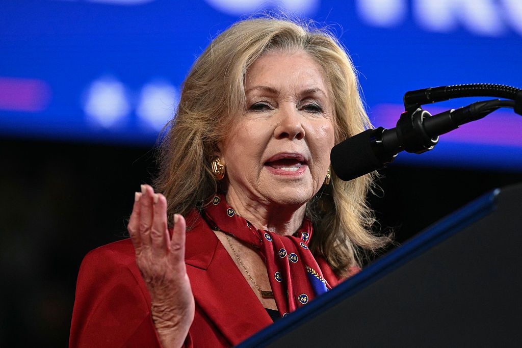 Senator Marsha Blackburn speaks during a campaign rally with Donald Trump, F&M Bank Arena, Clarksville, Tennessee, October 10, 2026.