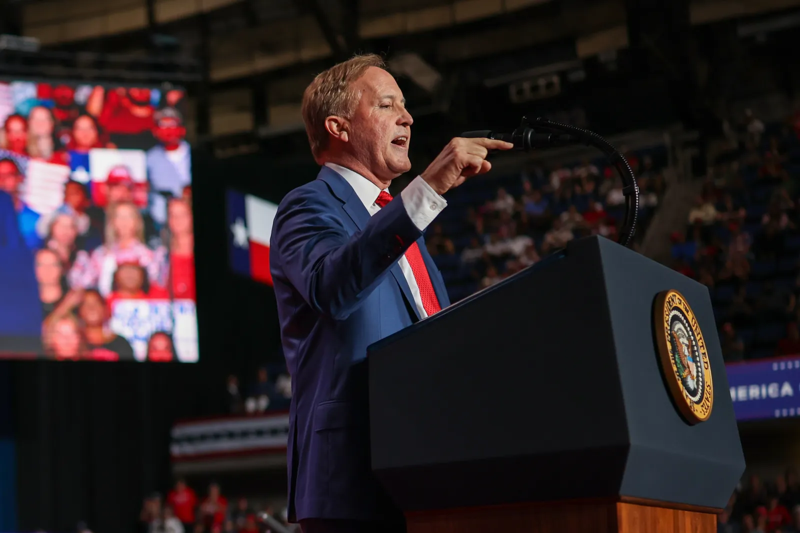 Republican Senate candidate Texas Attorney General Ken Paxton speaks onstage during a campaign rally at the Freeman Coliseum on October 7 in San Antonio, Texas.