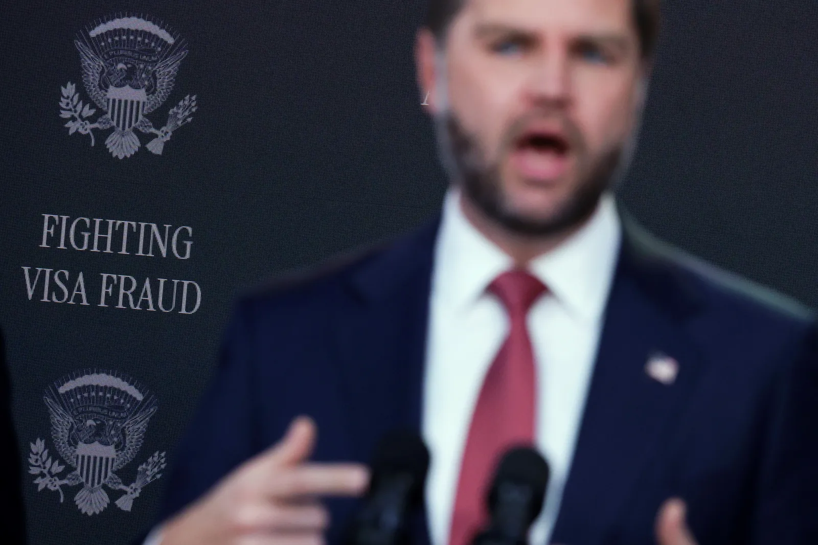 Vice President JD Vance speaks during a Fraud Task Force press conference in the Eisenhower Executive Office Building on October 8, 2026, in Washington.