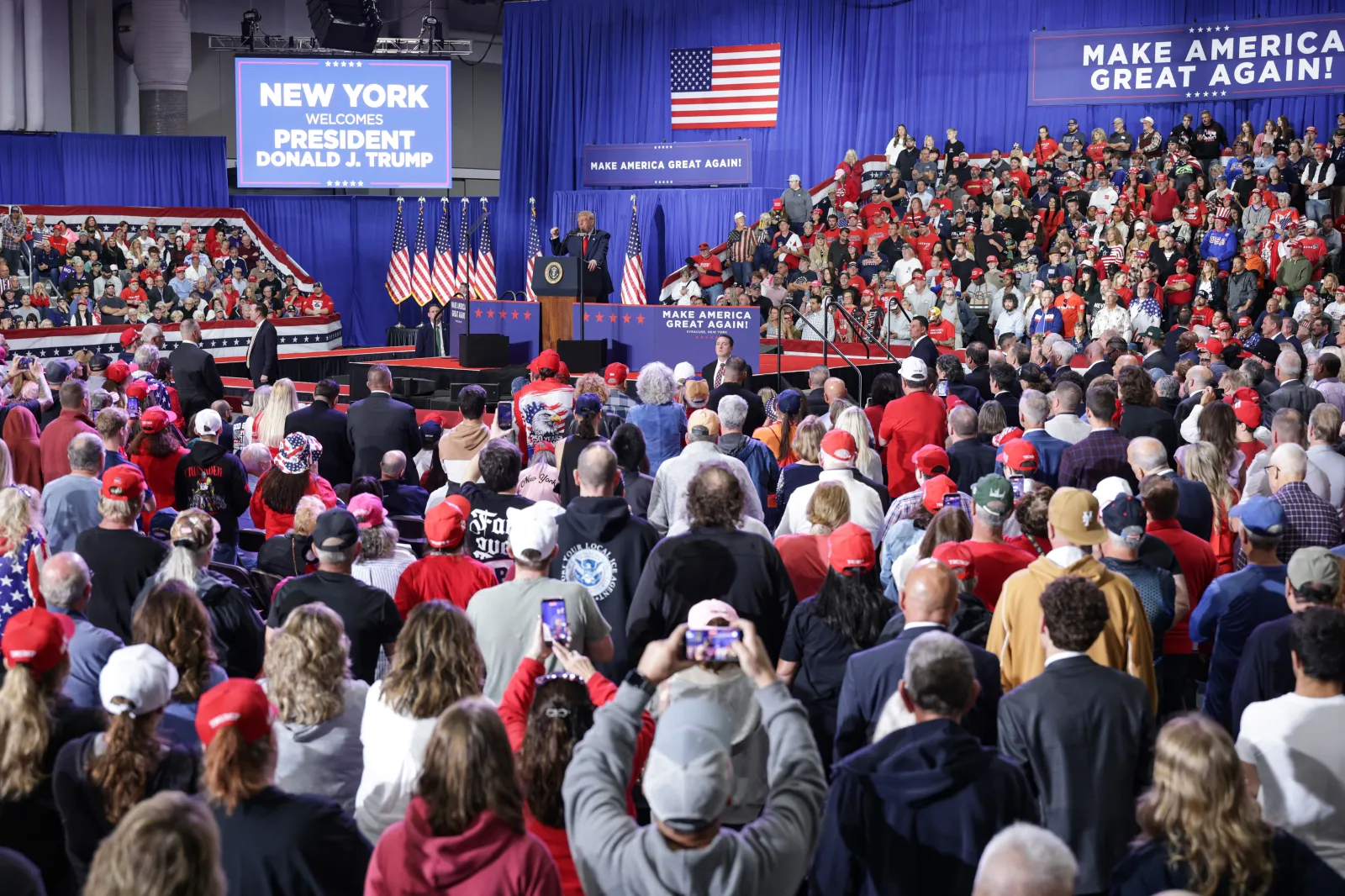 President Donald Trump speaks during an election rally in Syracuse, New York, on October 9, 2026.